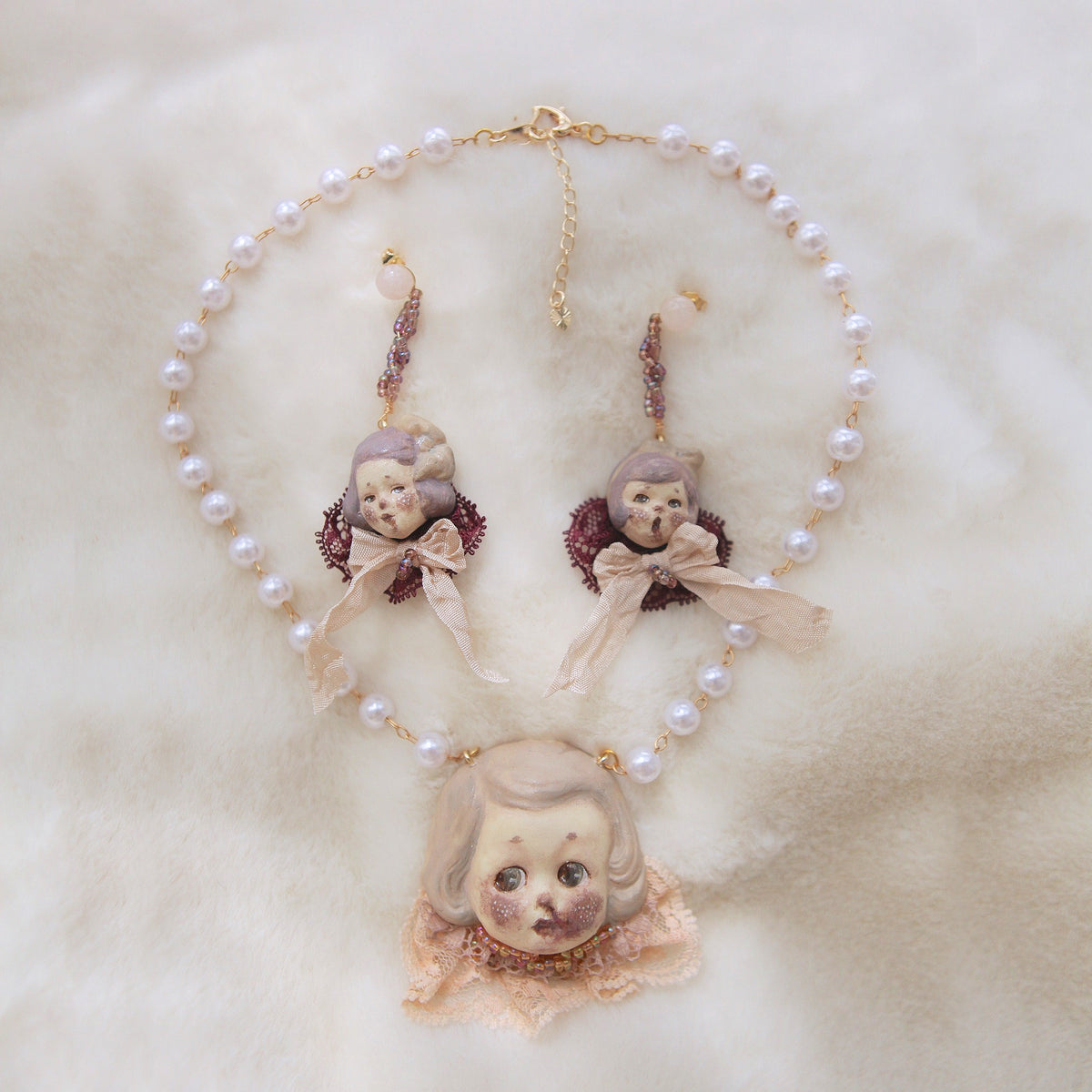 A013 Mabel & Lucille Doll Jewelry Set, Asymmetric Earrings and Girl Necklace, Handmade Clay Czech Bead Wool Hair Wearable Art