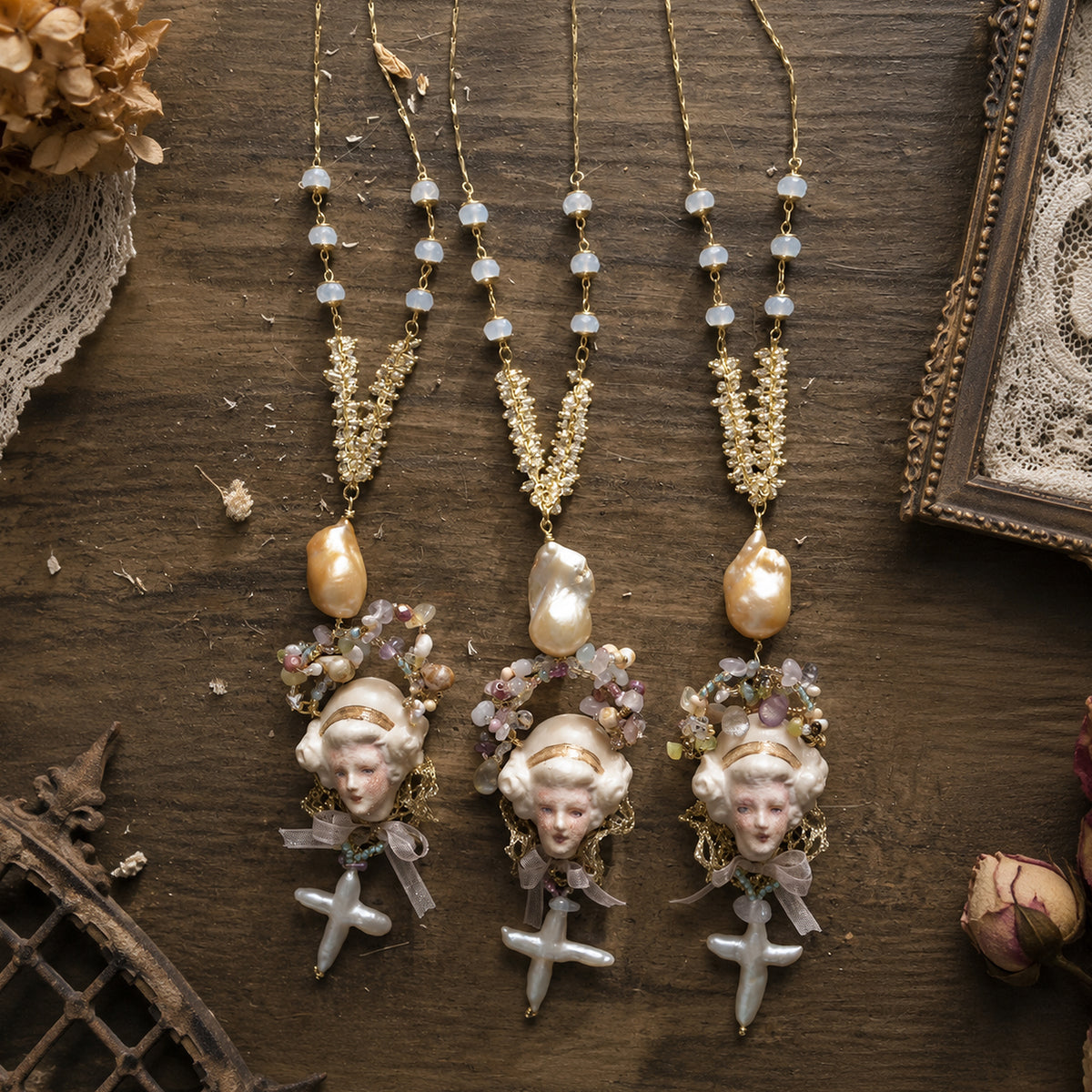 A011 Odette Cross Doll Necklace, Handmade Resin Clay Face, Baroque Pearl and Czech Bead, Romantic Gothic Wearable Art Jewelry Gift