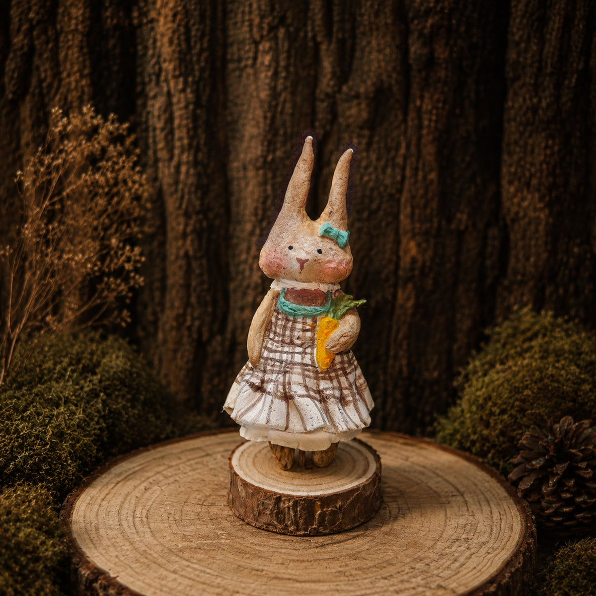 Winterwood Atelier Willowwick Family Rabbit Doll, Hand Sculpted Stone Clay Bunny Figurine with Watercolor Card, Guest Artist Tuacii