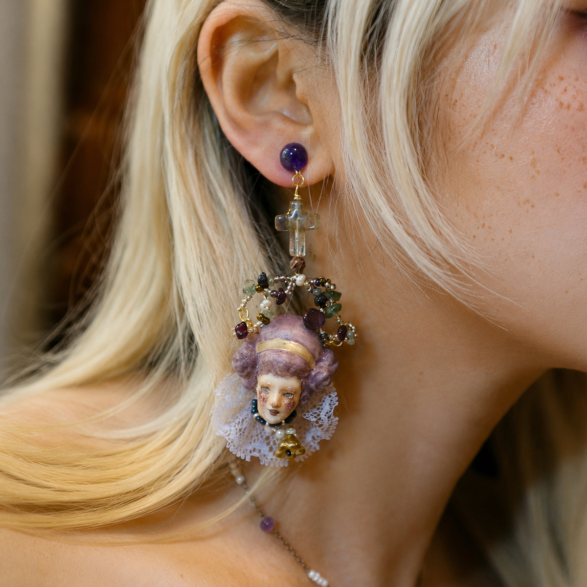 A015 Odette Doll Statement Earring or Clip-On, Handmade Clay Face with Czech Beads, Baroque Pearls, Gold-Plated Copper Wearable Art