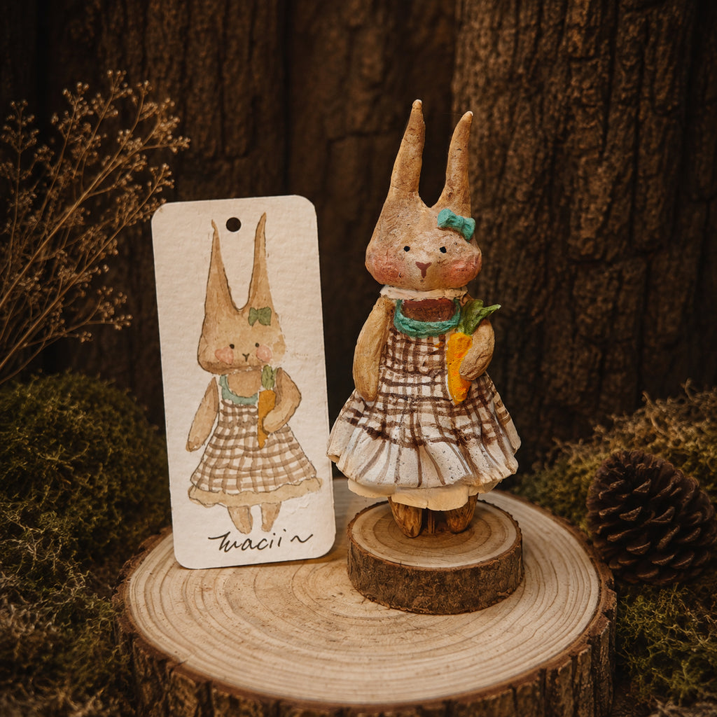 Winterwood Atelier Willowwick Family Rabbit Doll, Hand Sculpted Stone Clay Bunny Figurine with Watercolor Card, Guest Artist Tuacii