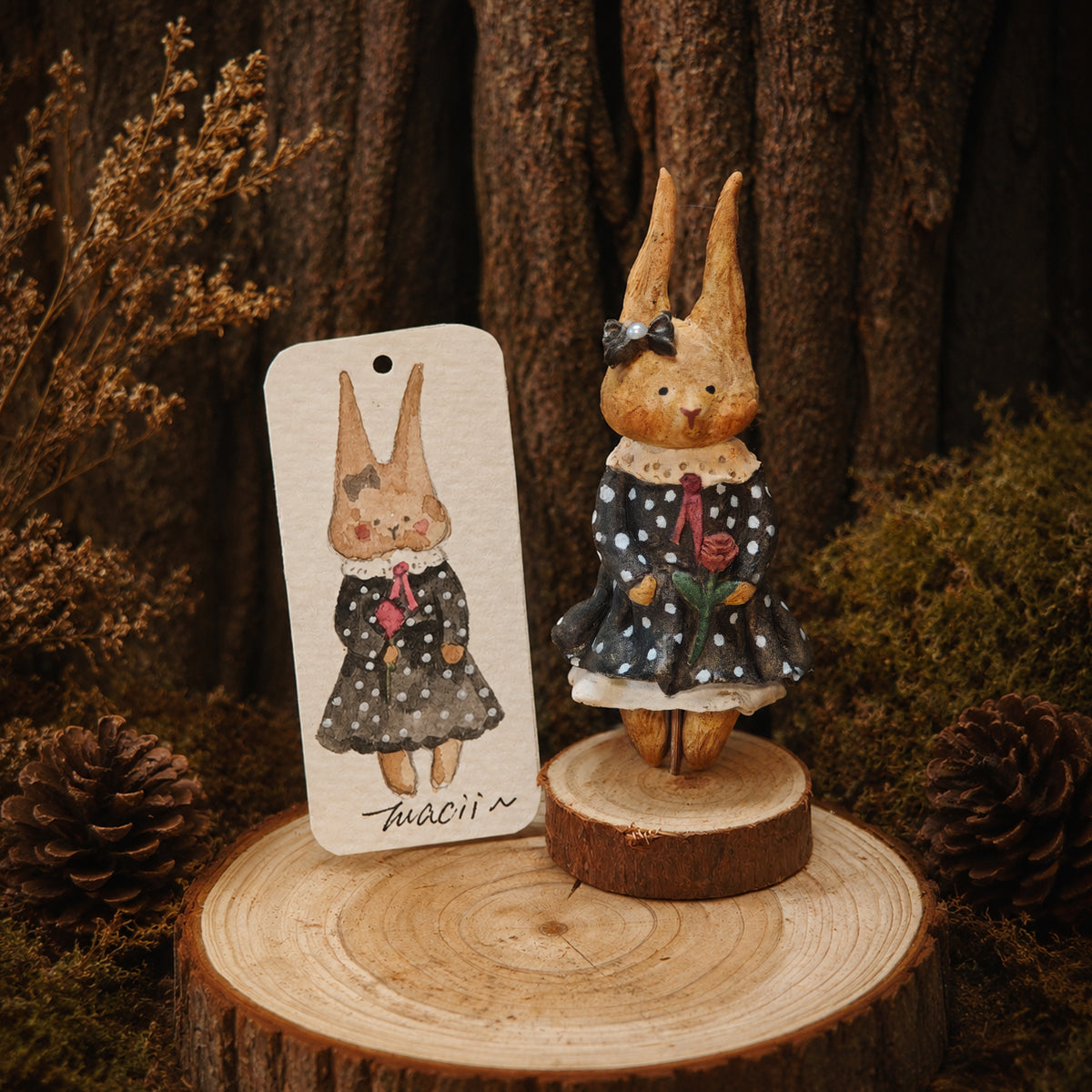Winterwood Atelier Willowwick Family Rabbit Doll, Hand Sculpted Stone Clay Bunny Figurine with Watercolor Card, Guest Artist Tuacii