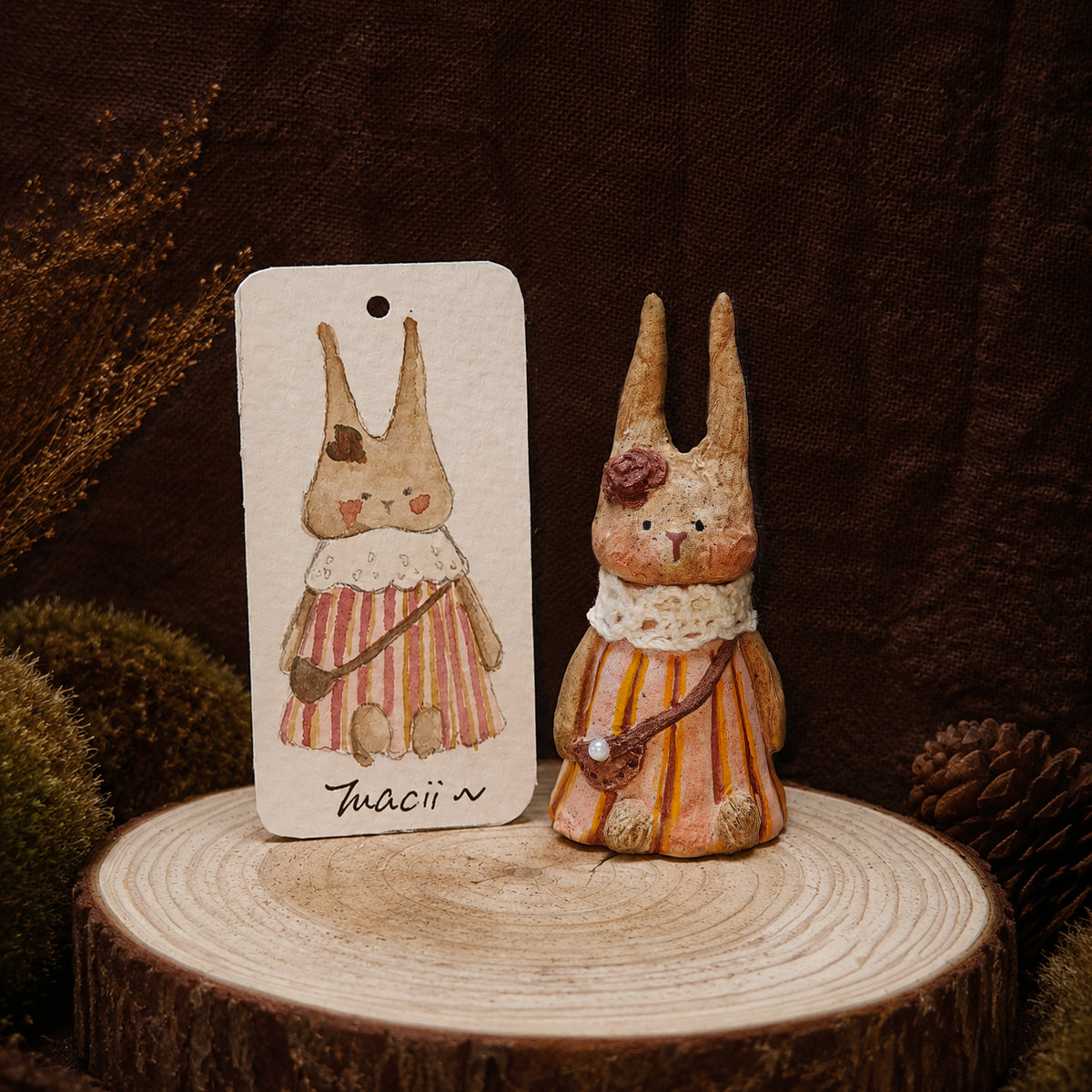 Winterwood Atelier Willowwick Family Rabbit Doll, Hand Sculpted Stone Clay Bunny Figurine with Watercolor Card, Guest Artist Tuacii