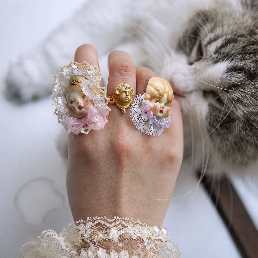 A016 Handmade Doll Face Statement Ring, Giant Baby or Pumpkin Head, Resin Clay Lace Beaded Gold-Plated Copper Wearable Art Jewelry