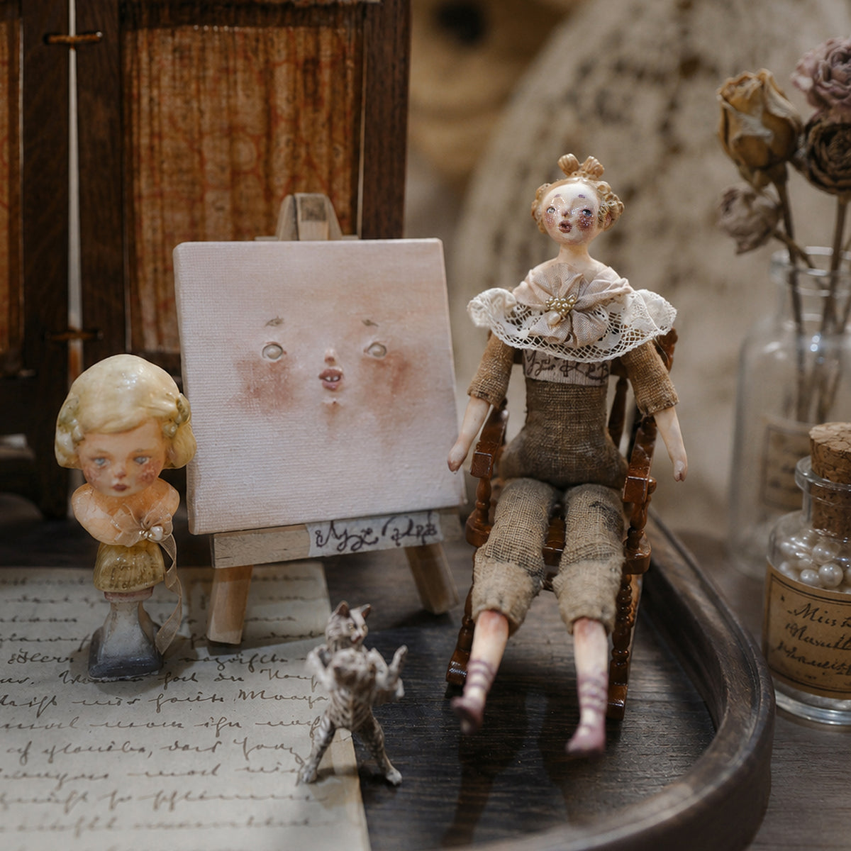 A006 Handmade Seated Art Doll & Wooden Chair Set, 17cm Resin Clay Girl Figurine, Two Hair Colors, Lambwick Manor Collectible Decor