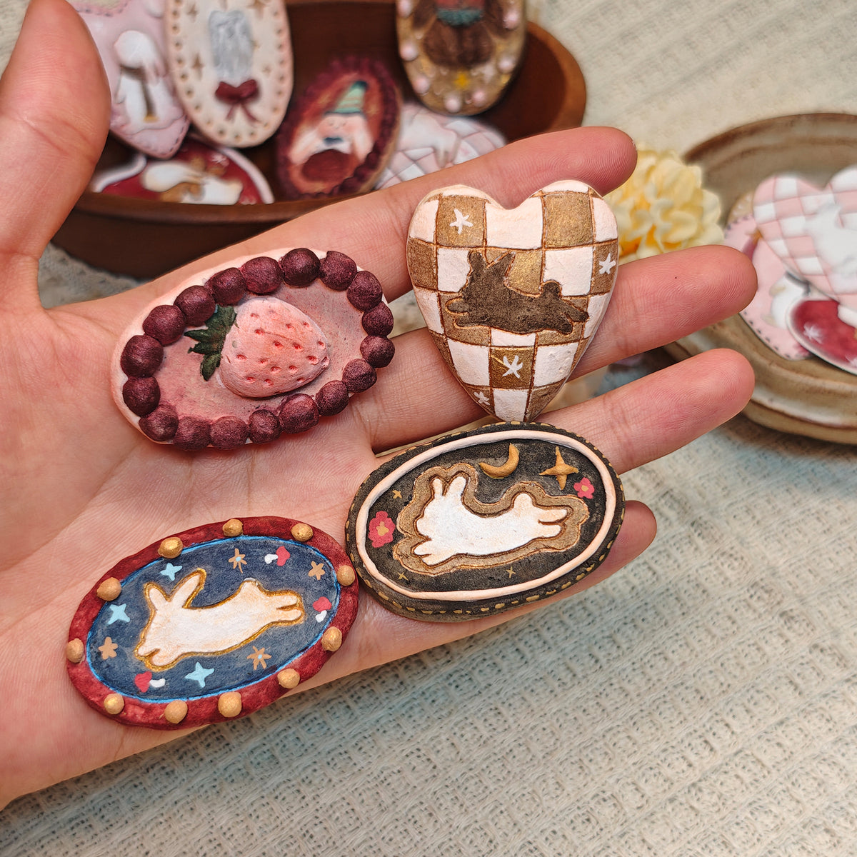 Winterwood Atelier Handmade Clay Brooch, 10 Styles, Rabbit Candle Witch and Storybook Motifs, Guest Artist Tuacii Collectible Pin