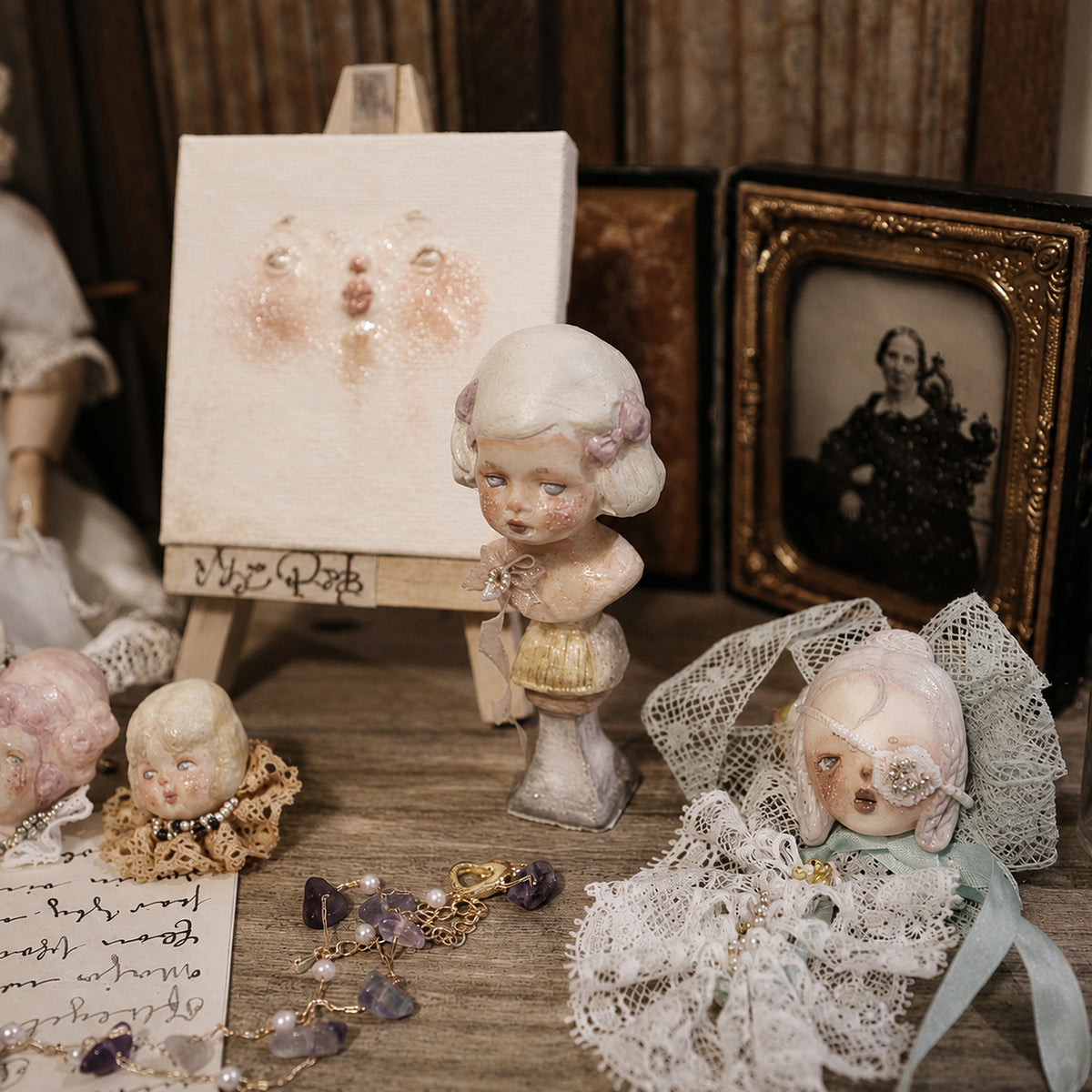 A005 Handmade Boy and Girl Doll Bust Figurine, Resin Clay Miniature Sculpture, 4 Styles, Vintage Romantic Lambwick Manor Art Decor