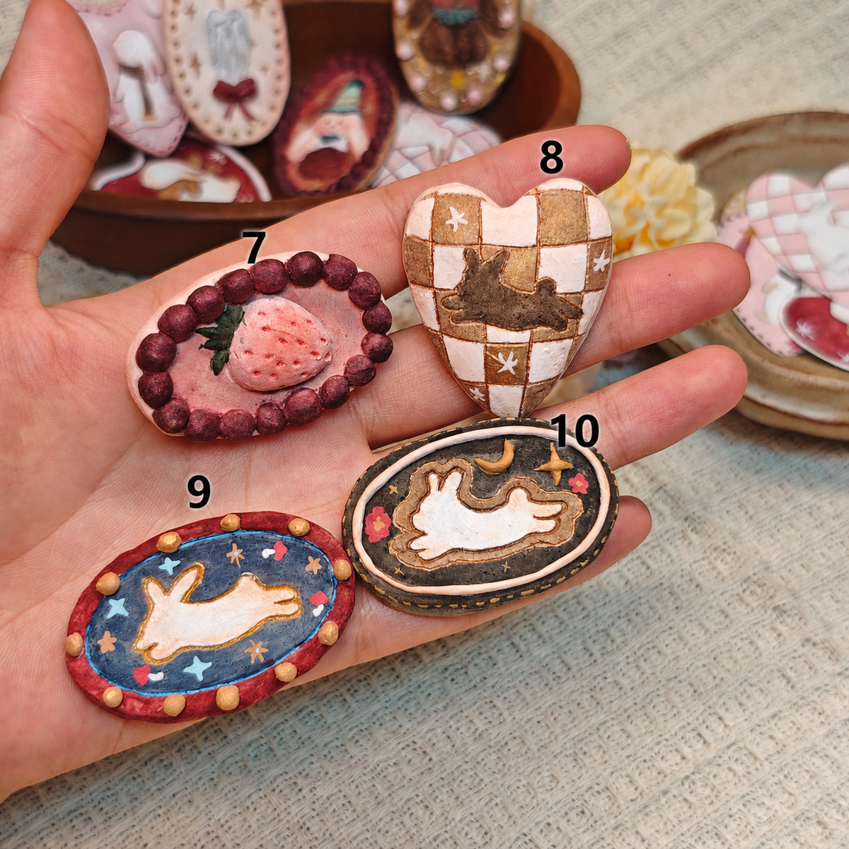 Winterwood Atelier Handmade Clay Brooch, 10 Styles, Rabbit Candle Witch and Storybook Motifs, Guest Artist Tuacii Collectible Pin