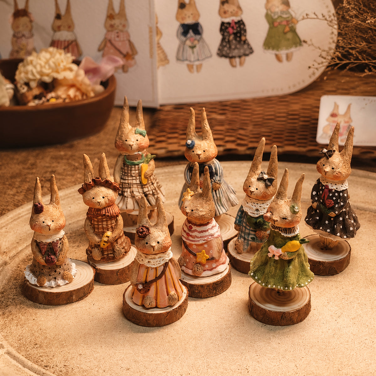 Winterwood Atelier Willowwick Family Rabbit Doll, Hand Sculpted Stone Clay Bunny Figurine with Watercolor Card, Guest Artist Tuacii