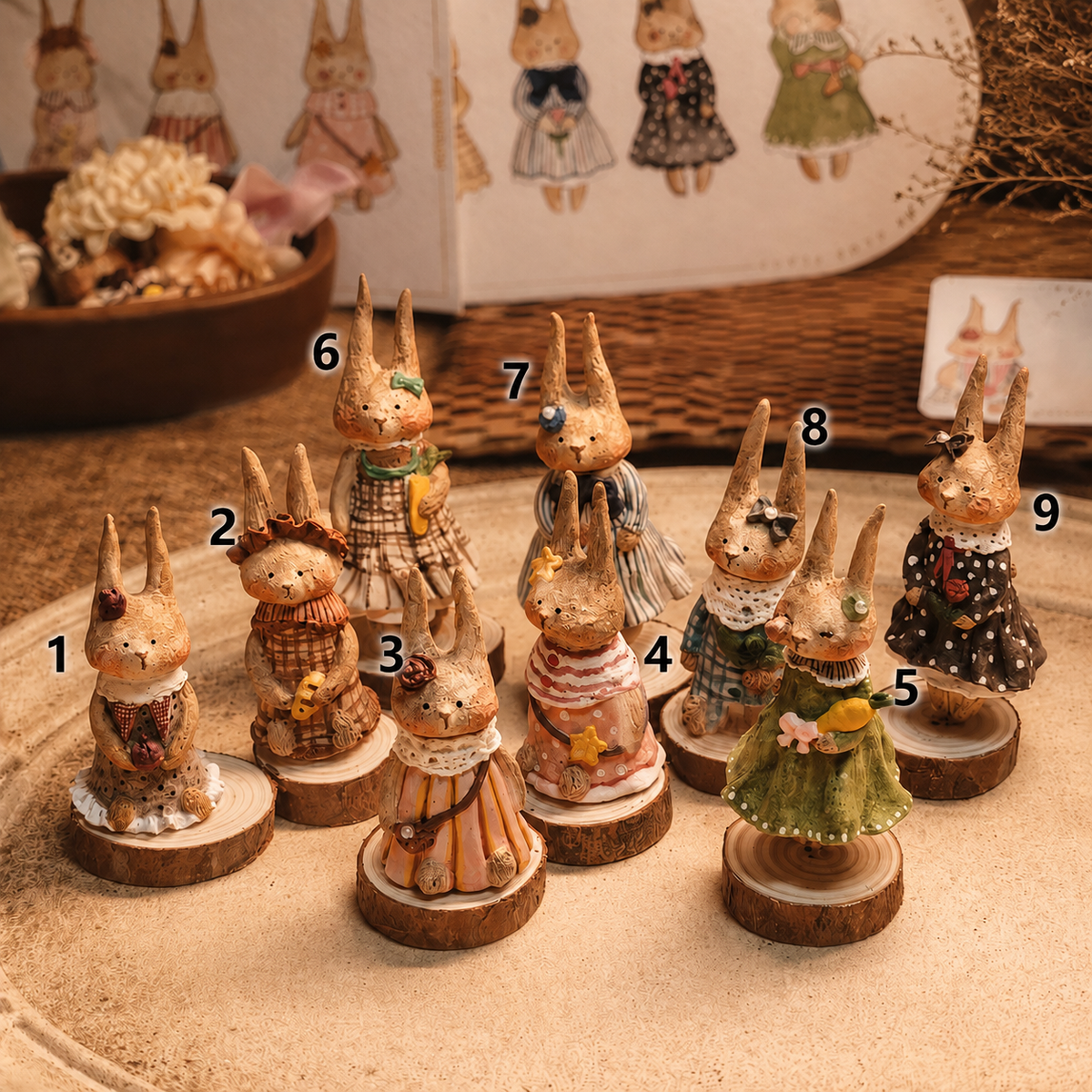 Winterwood Atelier Willowwick Family Rabbit Doll, Hand Sculpted Stone Clay Bunny Figurine with Watercolor Card, Guest Artist Tuacii
