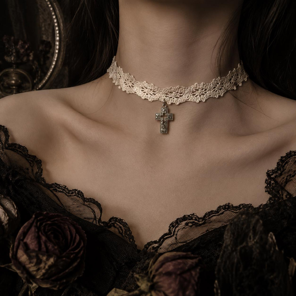 Ivory Lace Cross Choker or Heart Key Necklace — view 5
