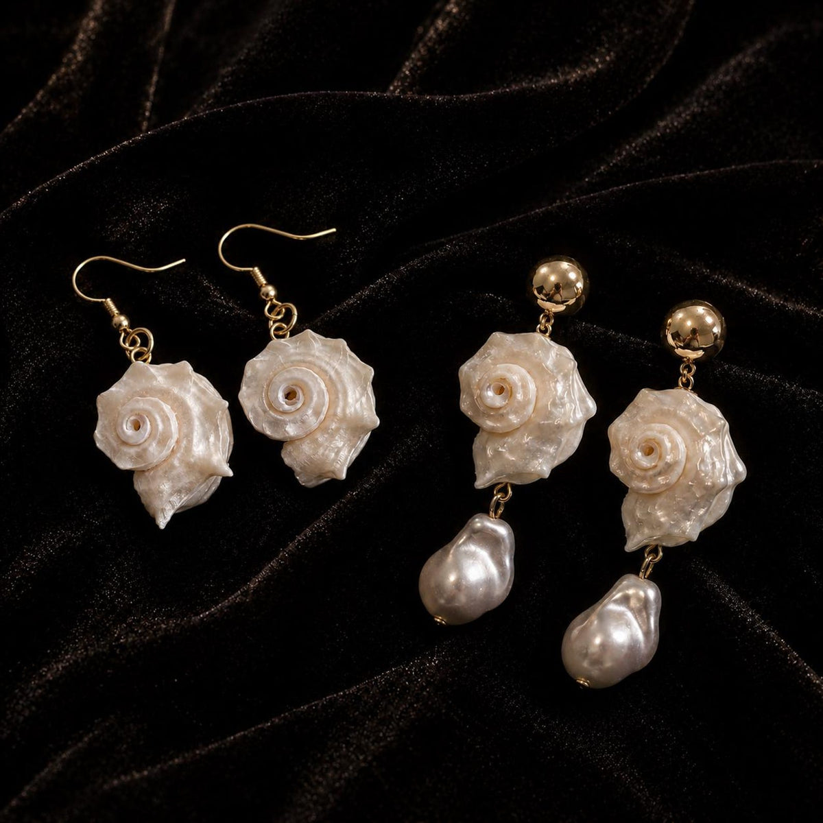Two conch-shell earring styles, one simple and one with pale teardrop beads, arranged together.