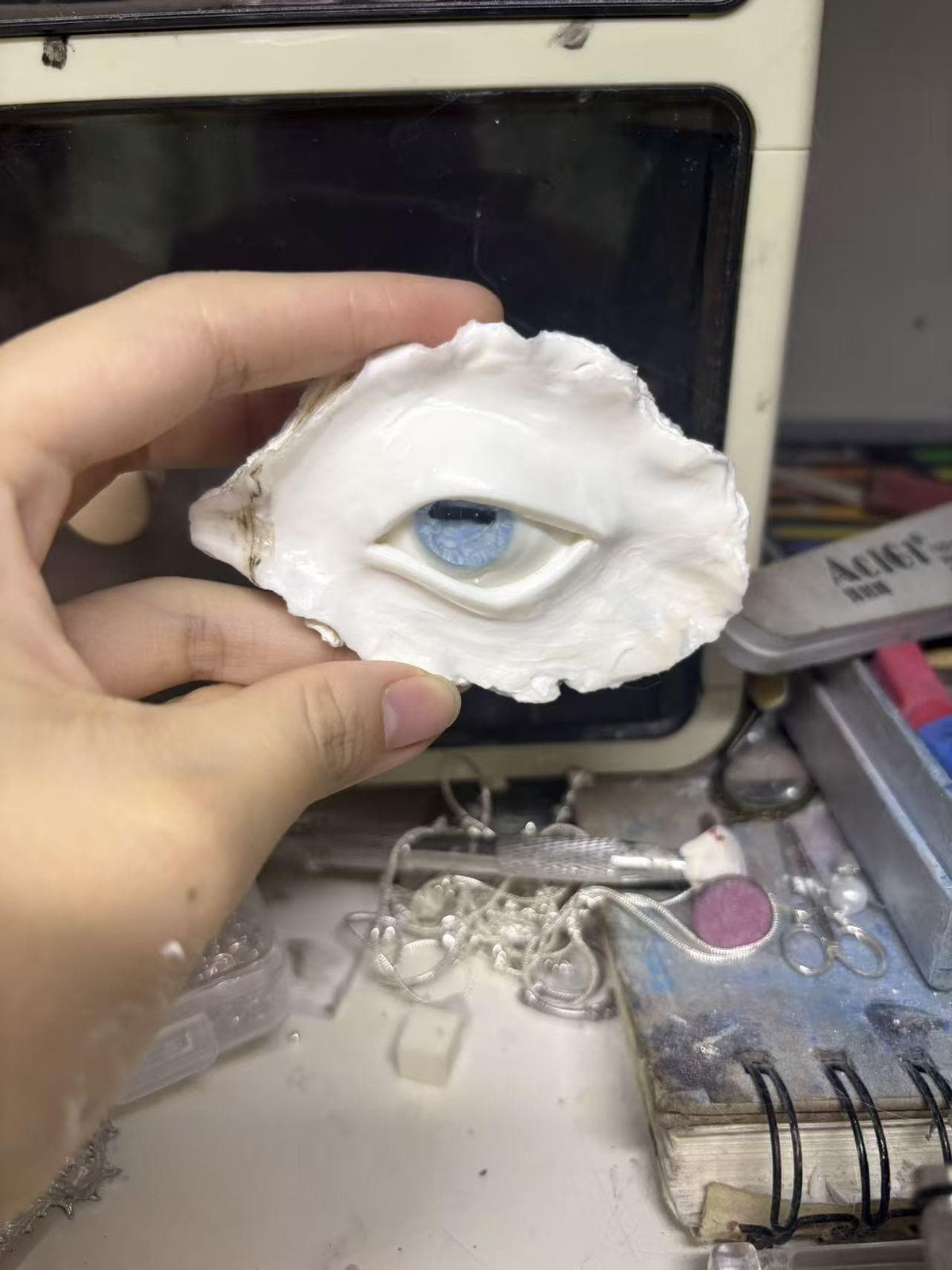 Blue oyster eye — in-progress shell construction