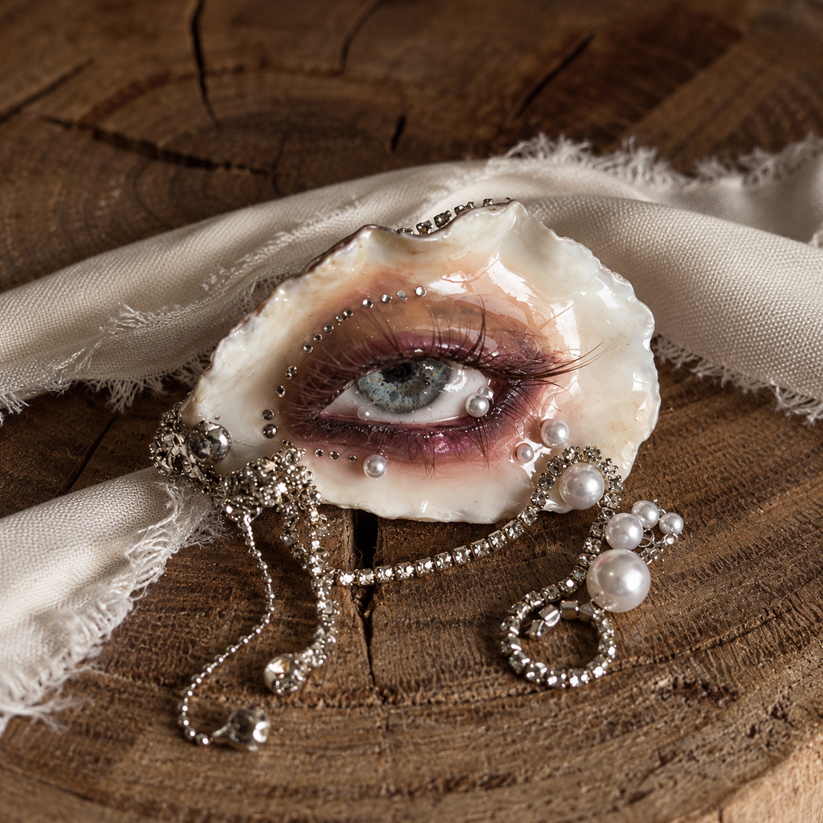 Sereine Eye LV027 — grey-blue eye, bronze smoky makeup and pearl chain drapes