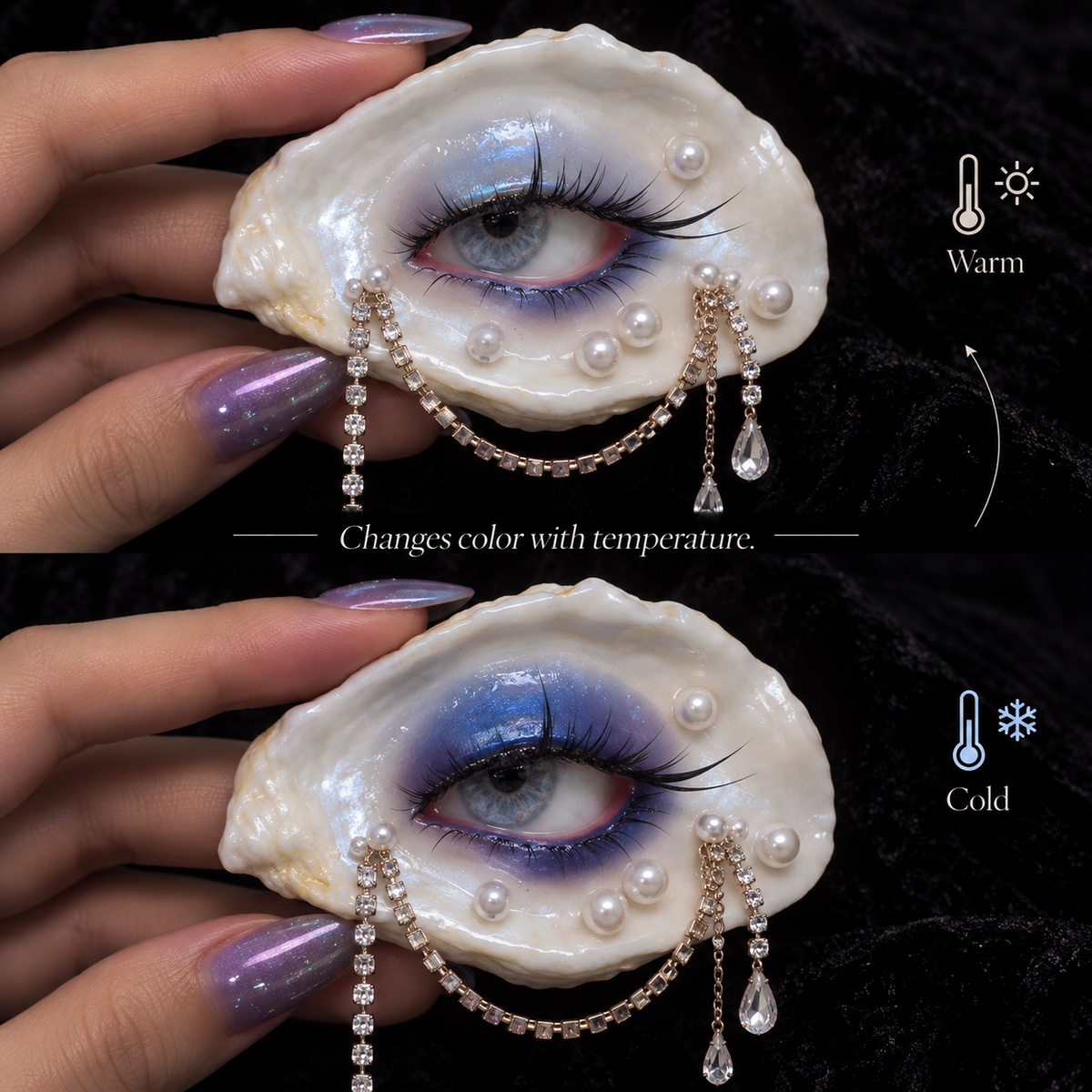 Methyst Haze LV028-R — Warm pale grey-lilac and Cold deeper blue-violet makeup on the same oyster-eye artwork