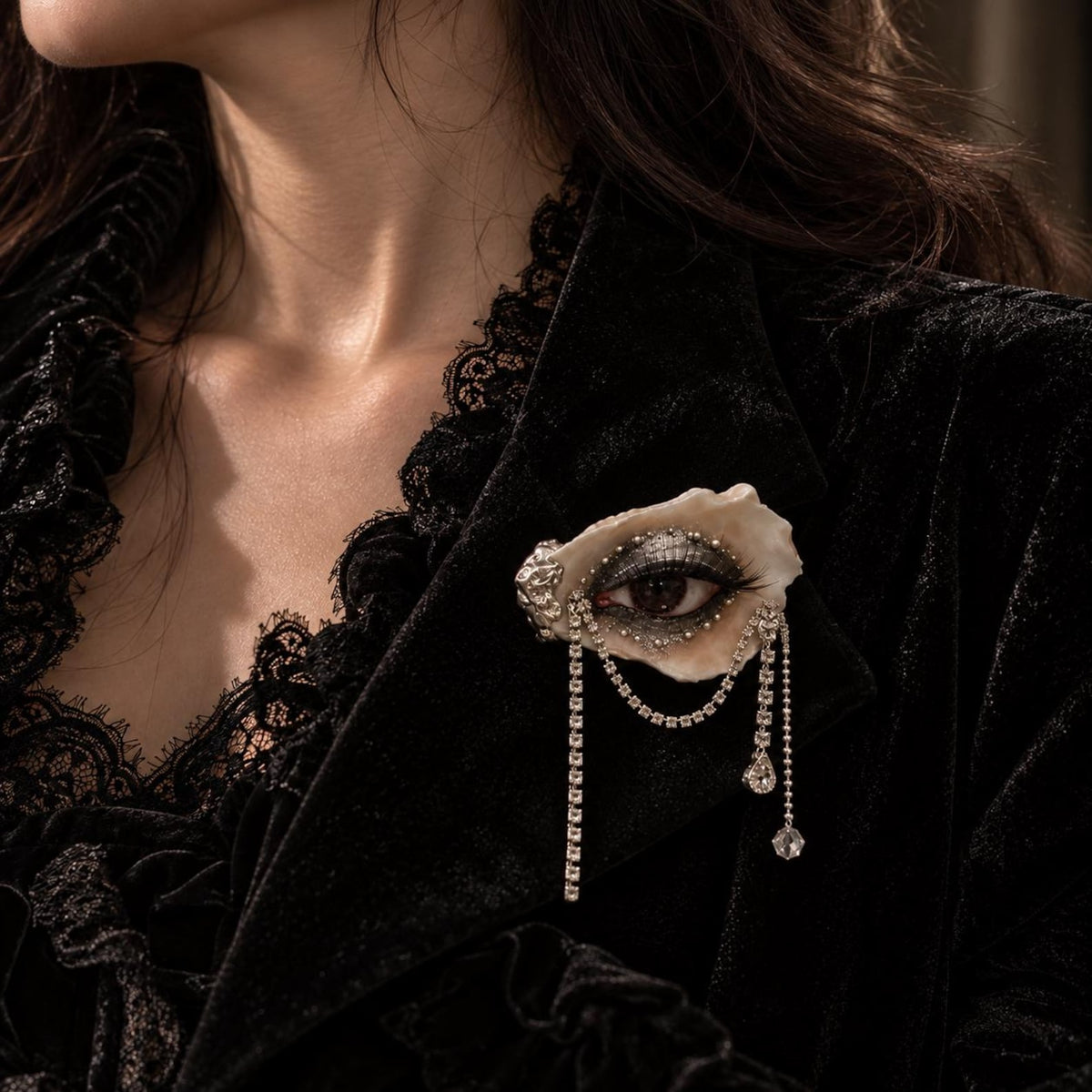 LV029 — brooch worn on black clothing; styling reference