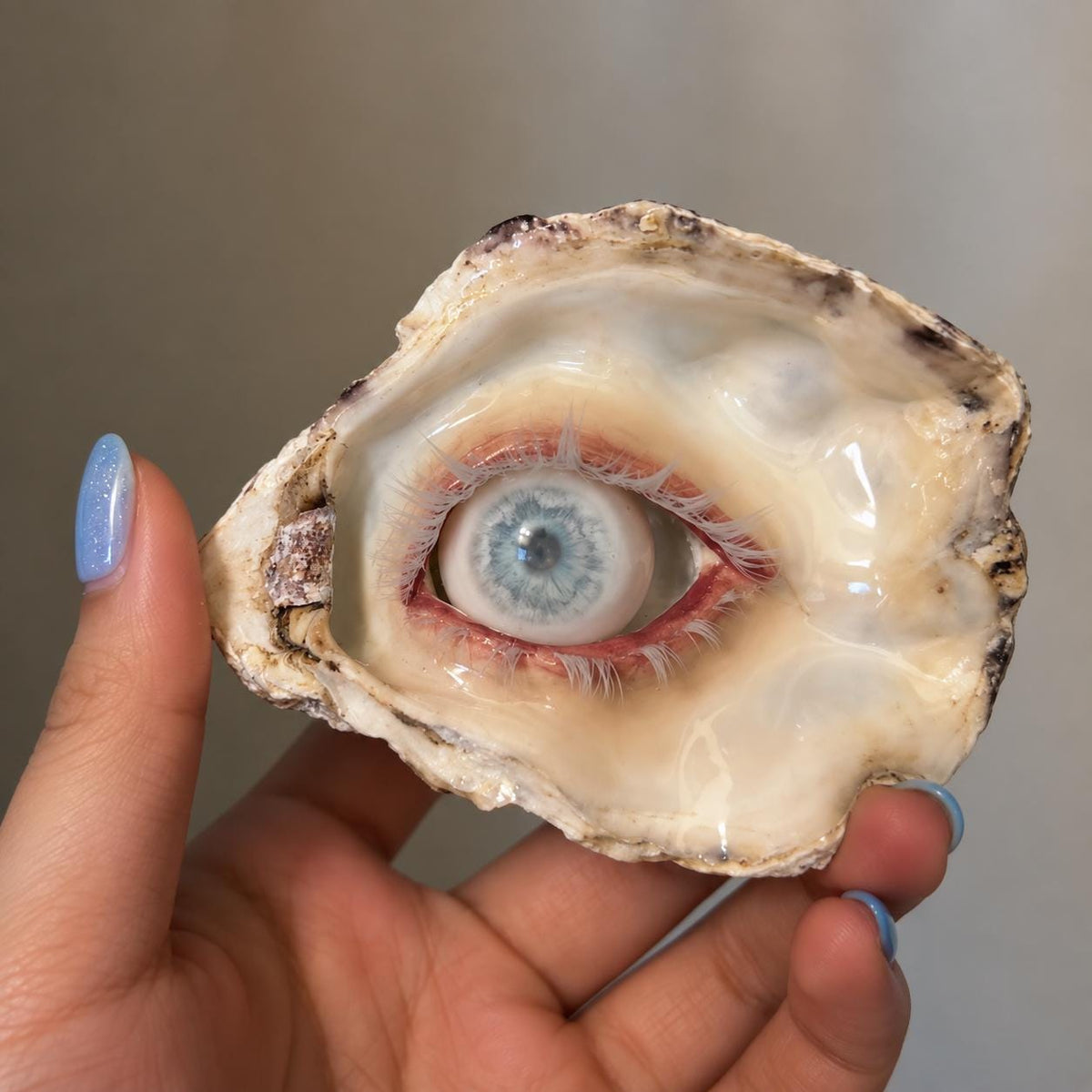Wander Eye shell-eye artwork held close to show its large blue iris and pink eyelid.