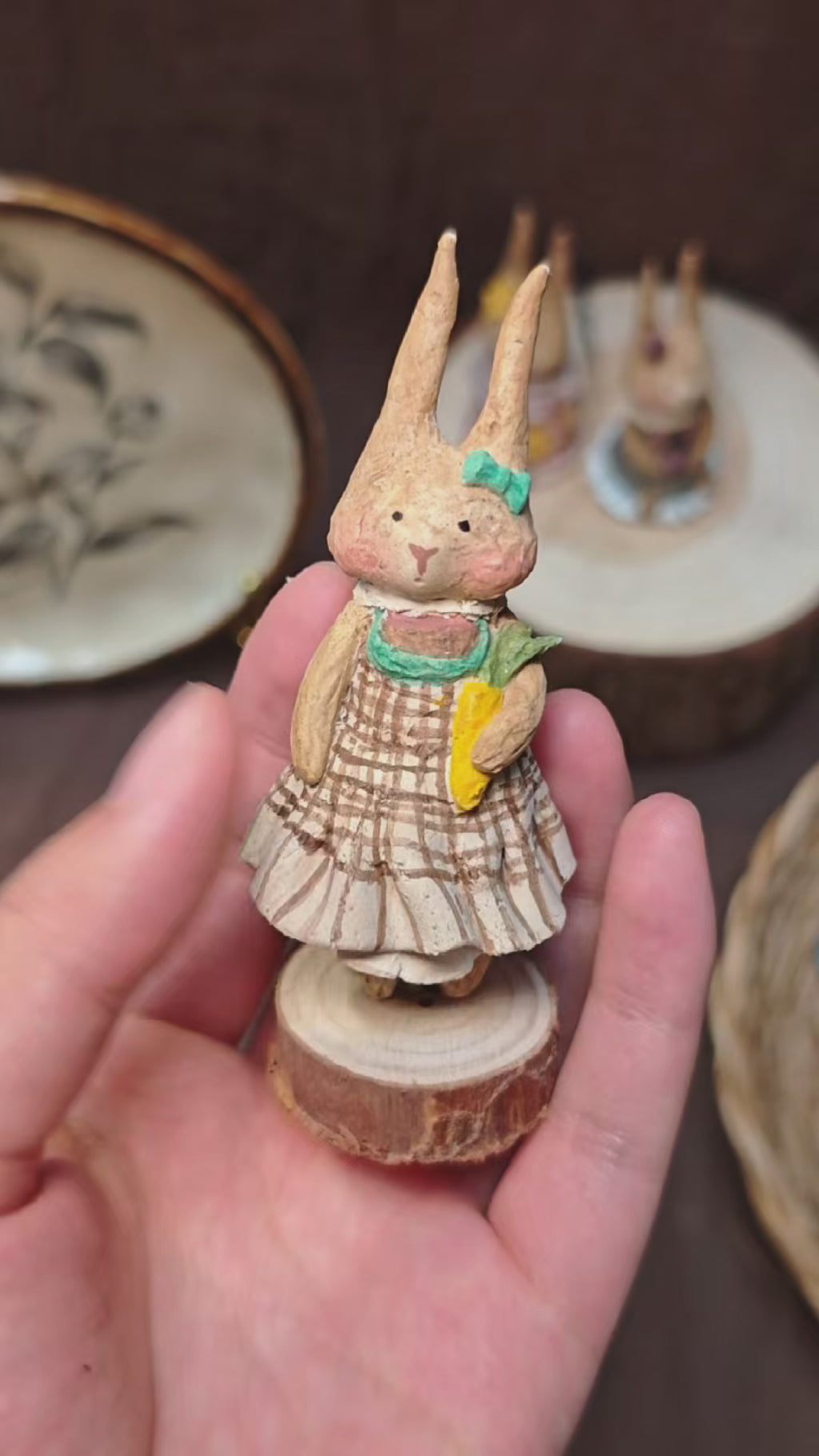 Winterwood Atelier Willowwick Family Rabbit Doll, Hand Sculpted Stone Clay Bunny Figurine with Watercolor Card, Guest Artist Tuacii