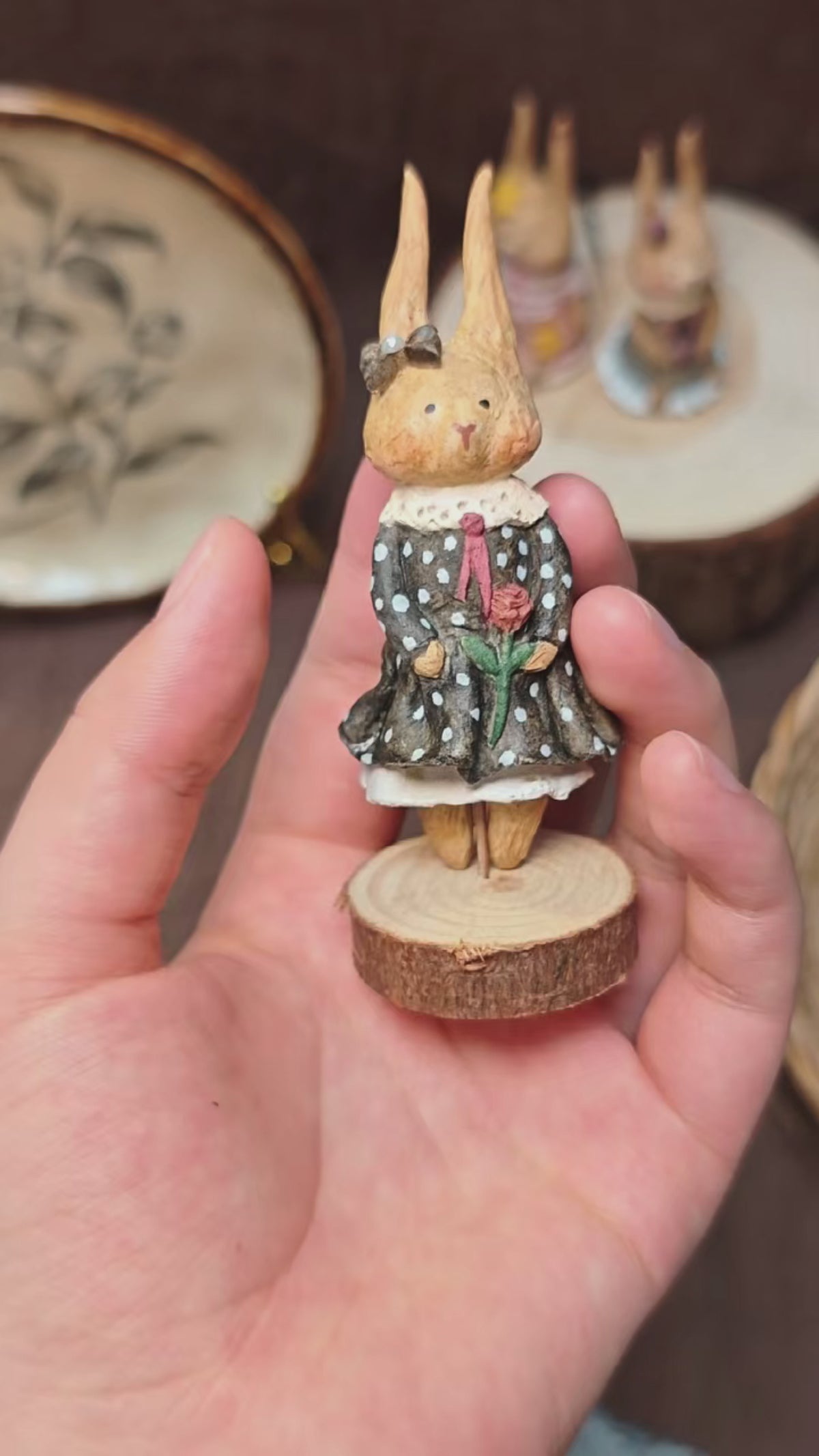 Winterwood Atelier Willowwick Family Rabbit Doll, Hand Sculpted Stone Clay Bunny Figurine with Watercolor Card, Guest Artist Tuacii