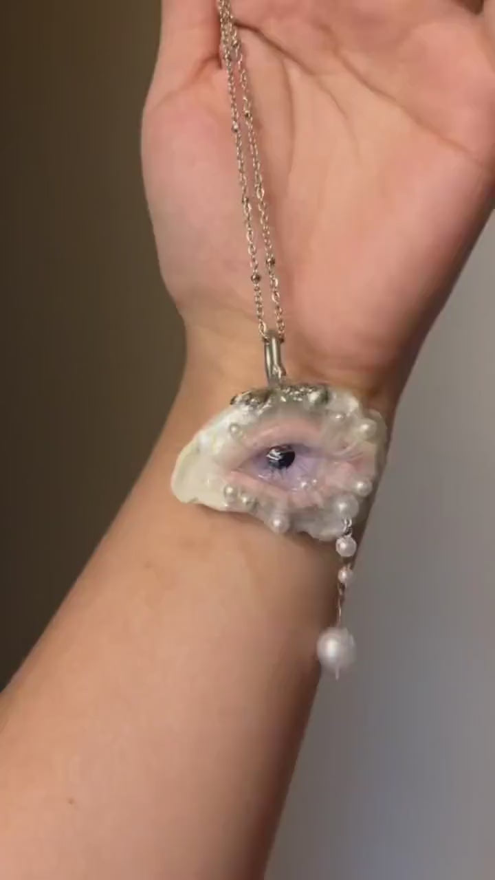 LILAC VEIL Oyster Shell Eye Necklace, Pearl Gothic Bridal Jewelry with Delicate Lashes, Made to Order Wearable Art