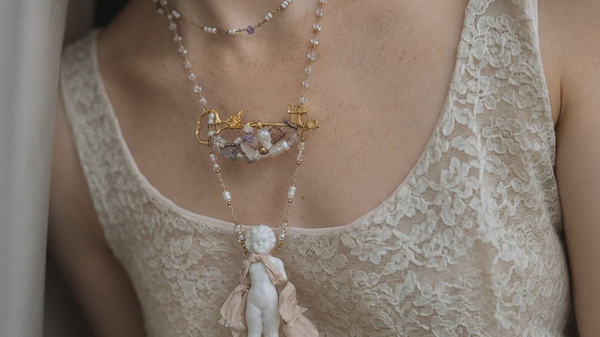 A012 Charlotte Porcelain Doll Necklace, Antique Inspired Ceramic Figure Pendant, Beaded Gold Tone Chain, Romantic Wearable Art Jewelry